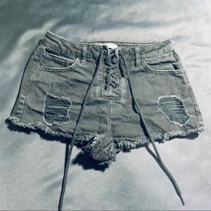 Black Distressed Lace up Denim Shorts